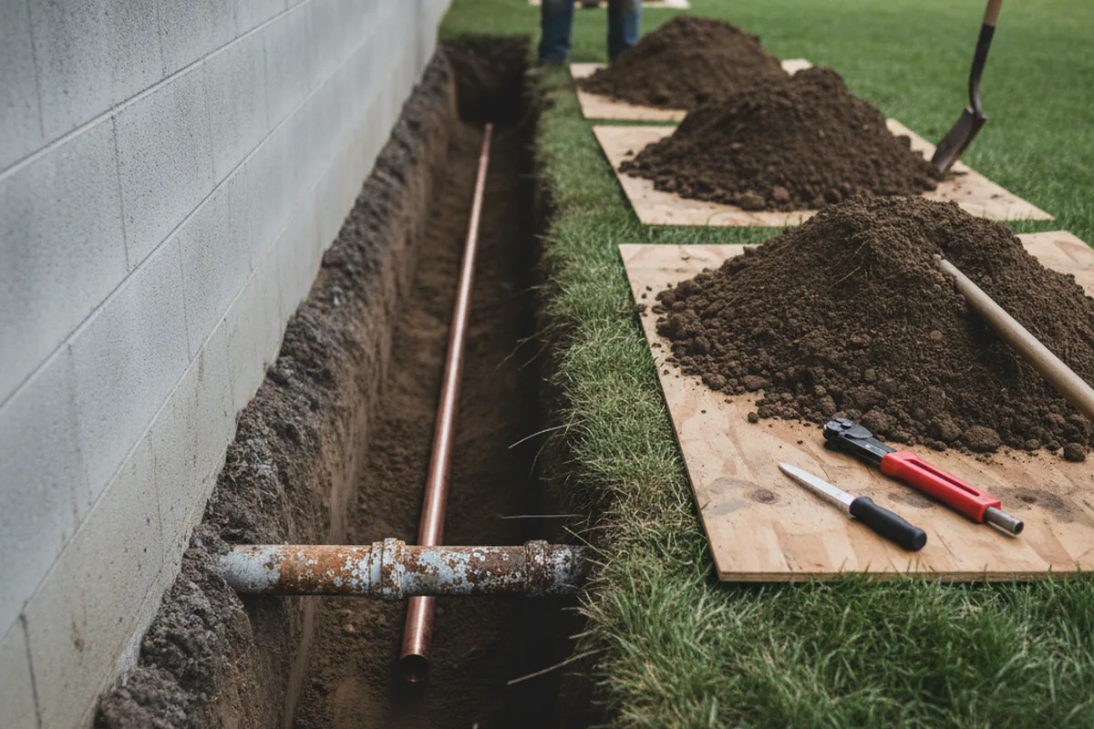 Excavated water line trench during Water Softener Installation in Bondsville